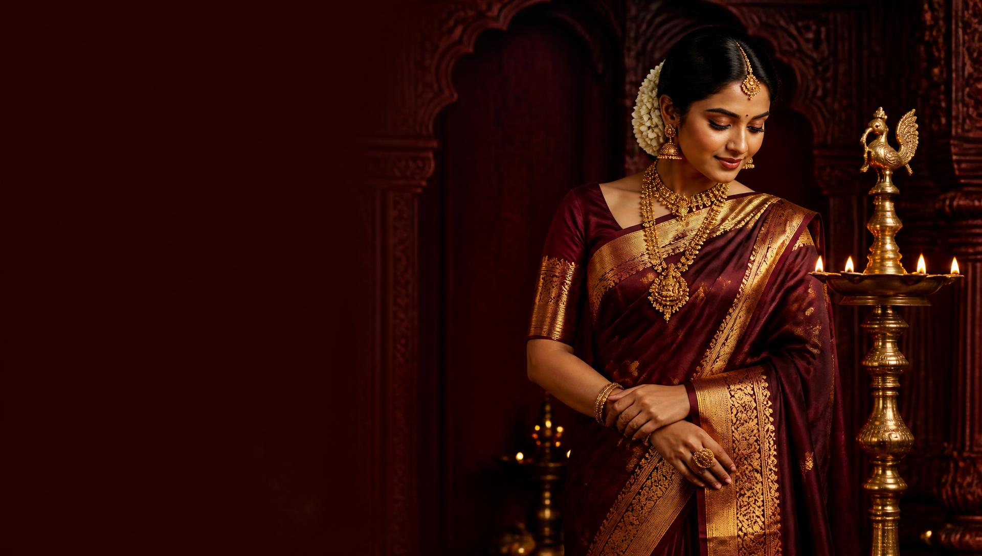 Woman in a maroon Kanchipuram silk saree with gold zari border beside a lit brass lamp