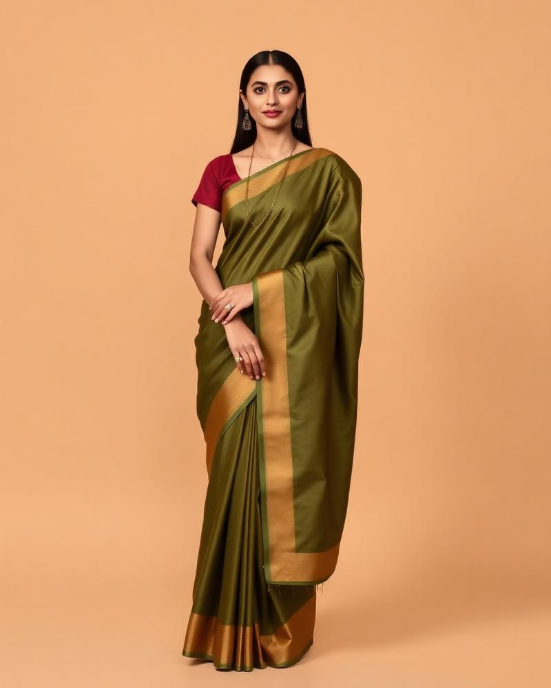 Olive Grove Zari Silk — Olive Green saree